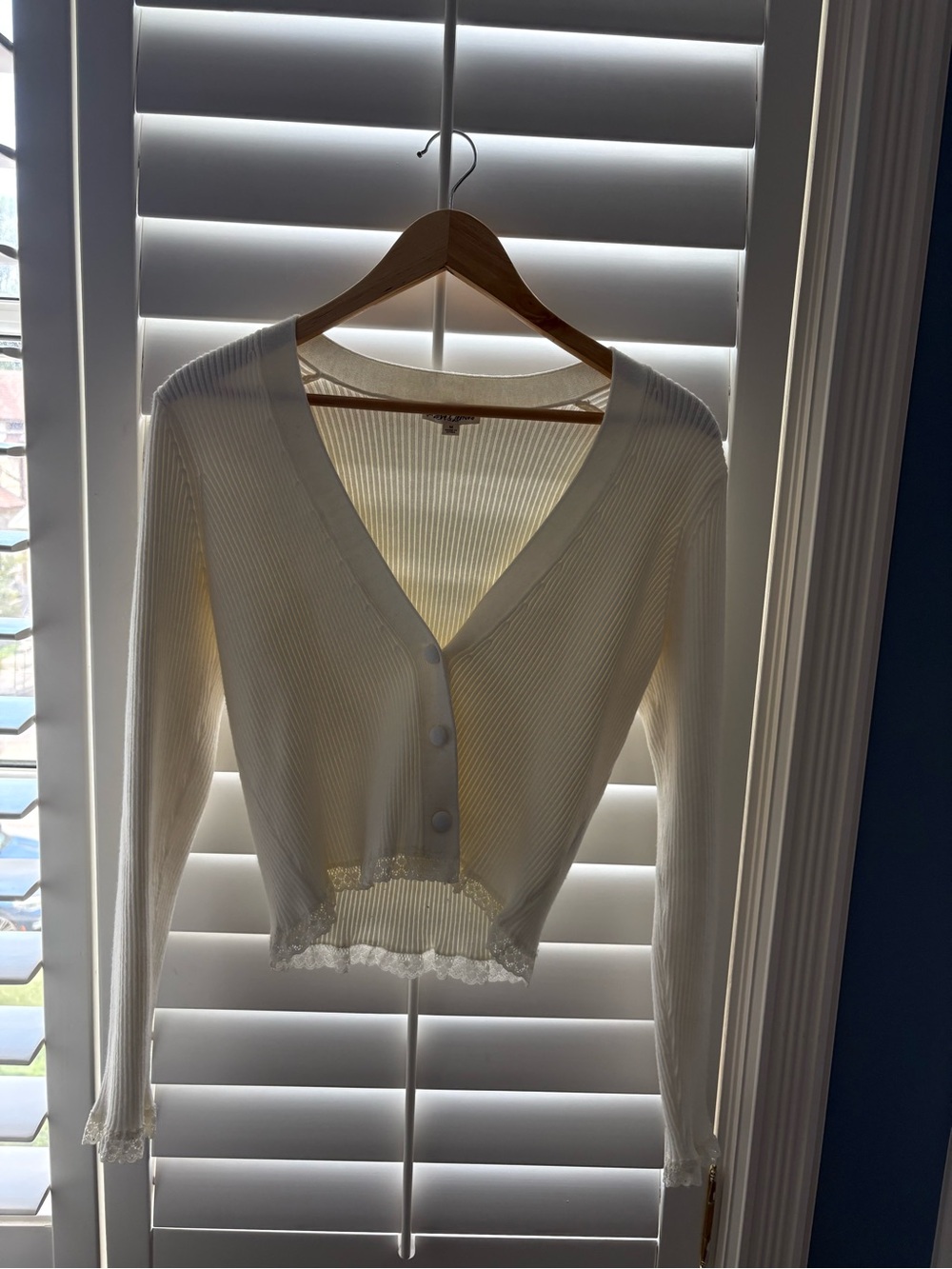 For Love & Lemons Cream V-Neck Ribbed Button Crop Top with Lace Trim
